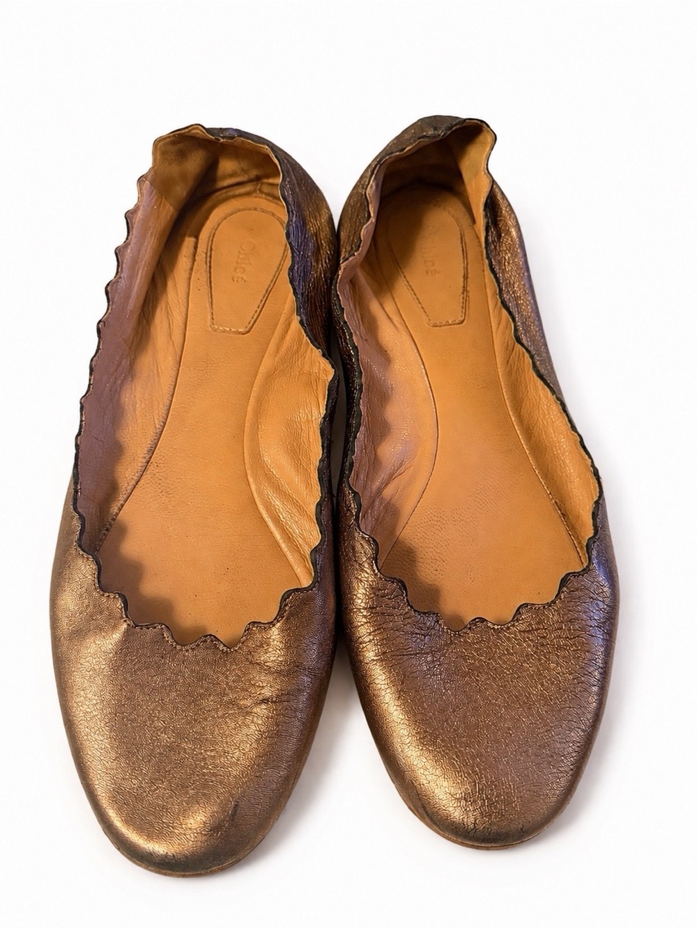 Chloe Metallic Bronze Scalloped Leather Ballet Flats